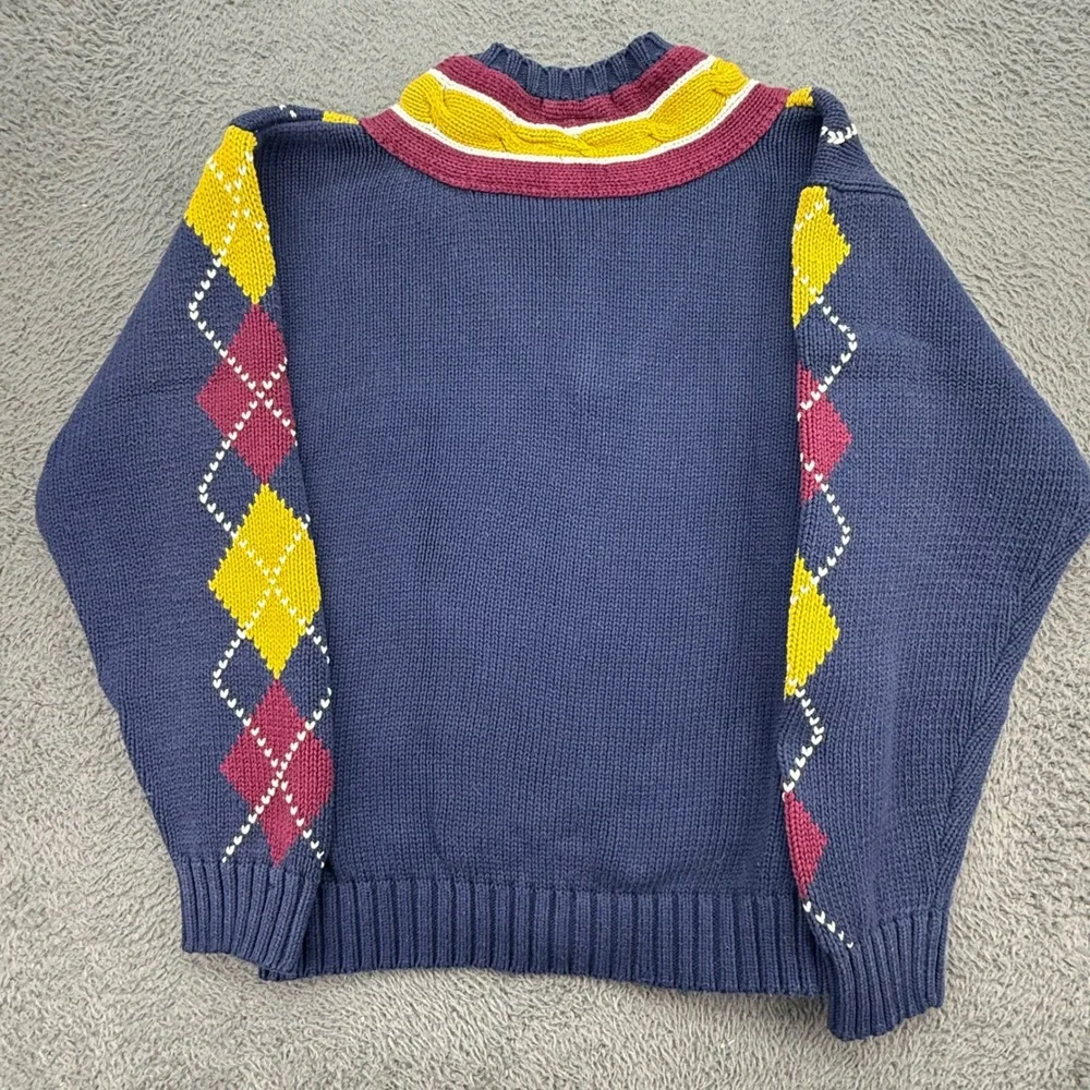 Tommy Hilfiger Sweater Mens L Blue Argyle V-Neck Cotton Knit Pullover Preppy Y2K